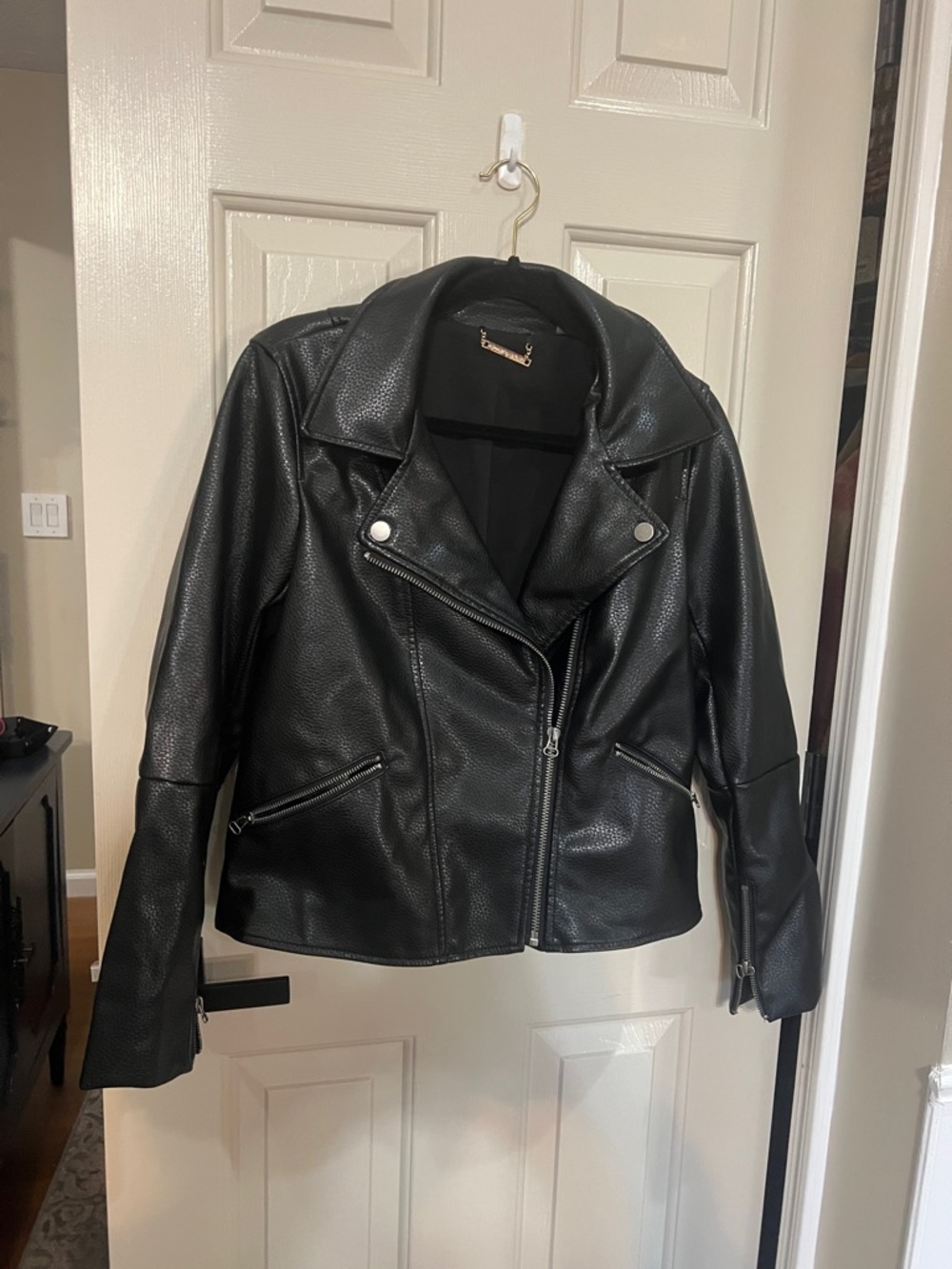 Tahari Black Faux Leather Moto Jacket with Silver Hardware